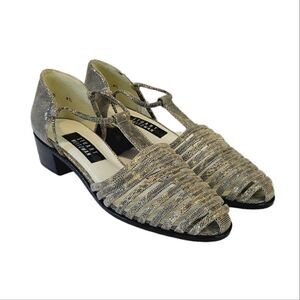 Stuart Weizmann Gold Animal Print Leather Block Heel T-Strap Sandals Size 9.5
